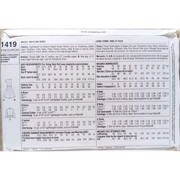 Simplicity Lisette Pattern 1419 Misses Dress and Jacket Sizes 6-14 - Picture 3 of 3